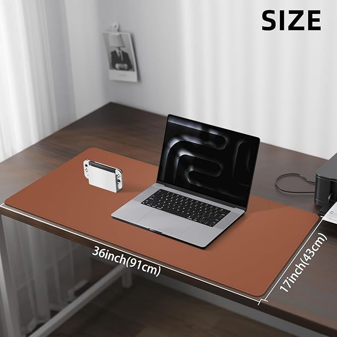 Large Desk Mouse Pad Protector, Stitched Locking Edge Non-Slip PU Leather Desk Mat Laptop Table Pad Blotter, Waterproof Durable Writing Pad for Office and Home (Brown, 90 x 43cm)
