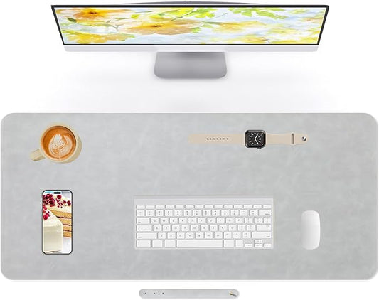 Crazy Horse Leather Desk Mat Large Mouse Pad Laptop Desk Pad Waterproof Non-Slip Table Blotter Desktop Writing Pad for Office and Home (Light Grey, 120x43cm)