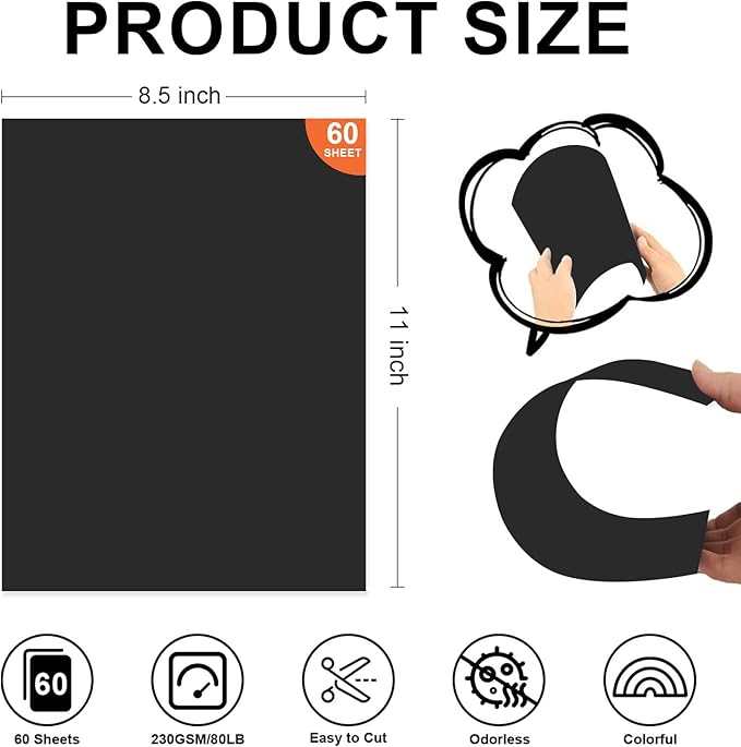 60 Sheets Black Cardstock Paper 8.5 x 11 Inches – 230 GSM Thick Card Stock for Printing, Crafts, DIY Projects – Heavyweight Printer Paper, Textured Cardstock