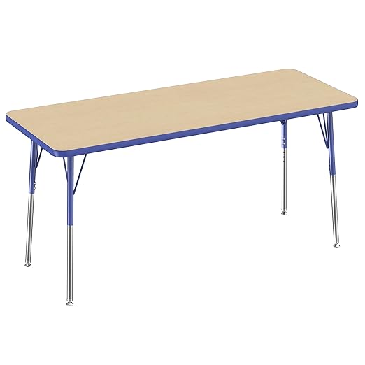 Factory Direct Partners FDP Rectangle Activity School and Office Table (24 x 60 inch), Standard Legs with Swivel Glides, Adjustable Height 19-30 inches - Maple Top and Blue Edge