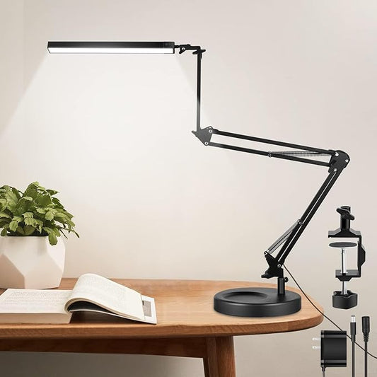 NOEVSBIG LED Desk Lamp with Clamp,2-in-1 Clamp on Desk Lamps with Base,50.7" Adjustable Swing Arm Architect Desk Lamp,Memory Function Desk Lights for Home Office,Workbench,Reading,Craft,Drafting