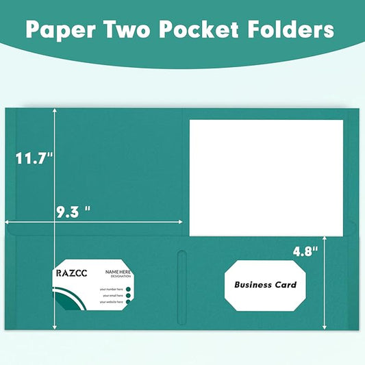 Two Pocket Folders, RAZCC 75 Pack 2 Pocket Folders Fit Letter Size Paper, Paper Folders with Pockets for School Office Business Home, Turquoise