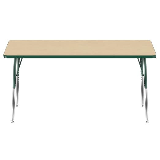 FDP Rectangle Activity School and Office Table (24 x 60 inch), Standard Legs with Swivel Glides, Adjustable Height 19-30 inches - Maple Top and Green Edge