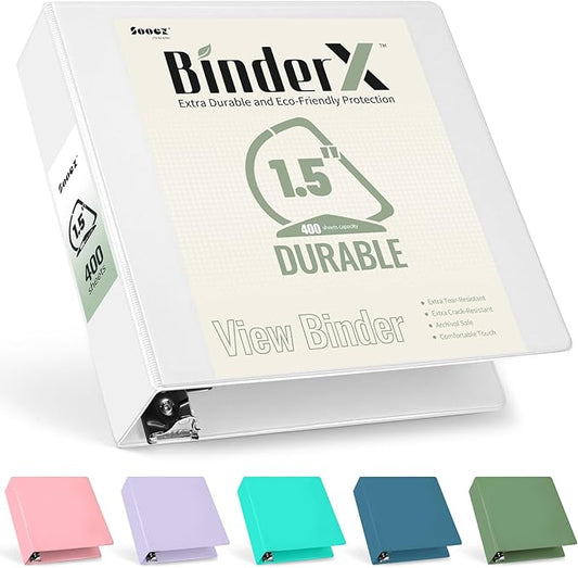 Sooez BinderX Extra Durable 1.5 Inch 3-Ring Binder, Holds 400 Sheets of 8.5x11 Paper, Customizable View Cover with Inside Pockets, Heavy Duty Binder for School, White