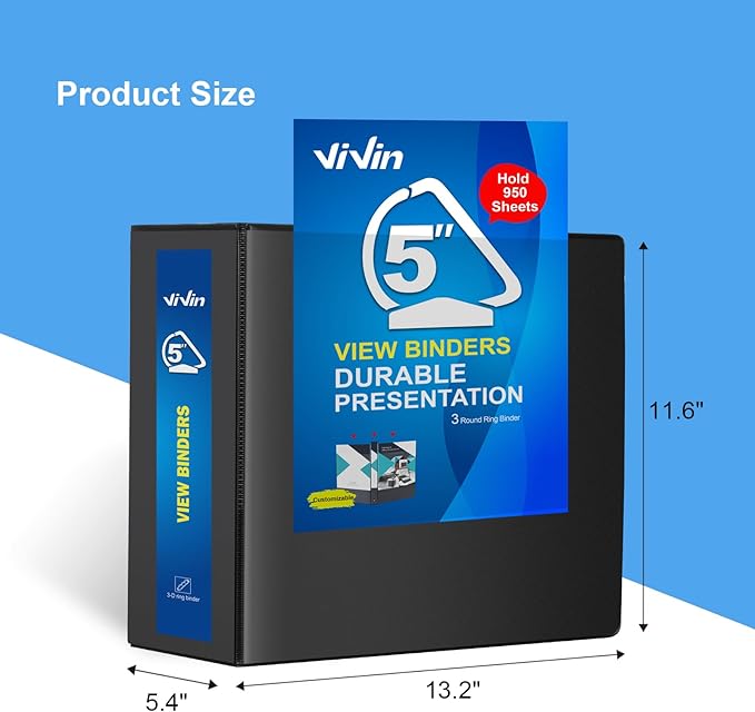 ViVin Durable 5 inch D Ring View Binder, Large 5" Slant-D Ring with 950-Sheet Capacity, Fit 8.5" x 11" Paper, 6 Pack(Black)
