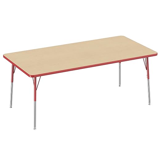Factory Direct Partners FDP Rectangle Activity School and Office Table (36 x 72 inch), Standard Legs with Swivel Glides, Adjustable Height 19-30 inches - Maple Top and Red Edge