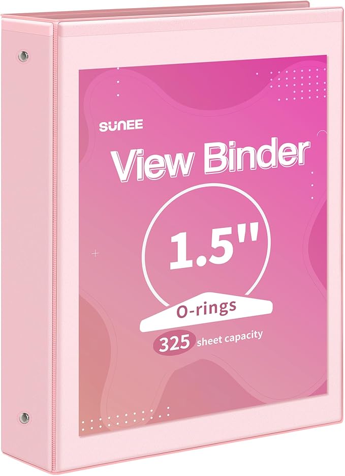 SUNEE 3 Ring Binder 1.5 Inch 1 Pack, Clear View Binder Three Ring PVC-Free (Fit 8.5x11 Inches) for School or Office Supplies, Pink