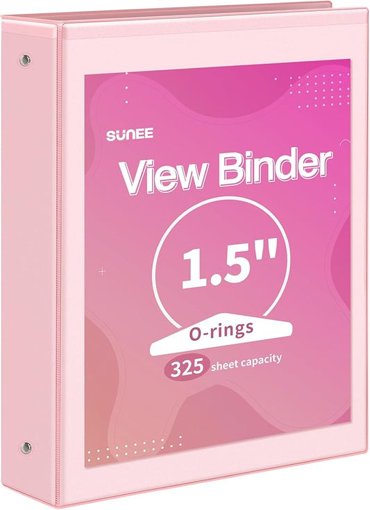 SUNEE 3 Ring Binder 1.5 Inch 1 Pack, Clear View Binder Three Ring PVC-Free (Fit 8.5x11 Inches) for School or Office Supplies, Pink