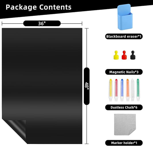 Magnetic Black Dry Erase Board for Refrigerator, 48" x 36"Chalk Board Contact Paper Decal for School, Office, Kitchen Fridge, Kids Drawing with Dustless Chalk, Holder and Magnets
