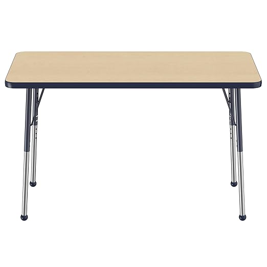 FDP Rectangle Activity School and Office Table (24 x 48 inch), Standard Legs with Ball Glides, Adjustable Height 19-30 inches - Maple Top and Navy Edge