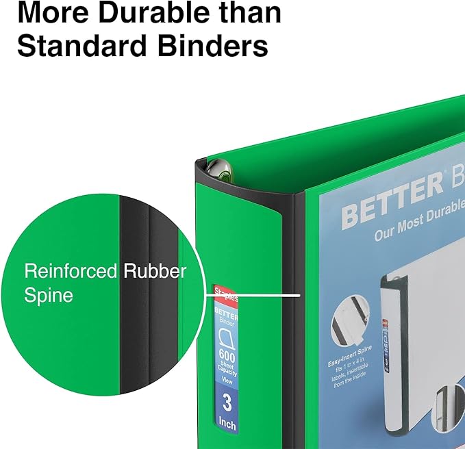 Staples 892167 Better 3-Inch D 3-Ring View Binder Green (19936)