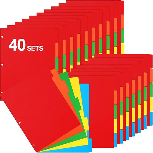 Thenshop 200 Pieces 3 Ring Binder Dividers with Tabs Bulk 40 Sets 5 Tab Dividers for 3 Ring Binders Letter Size(Mix Color)