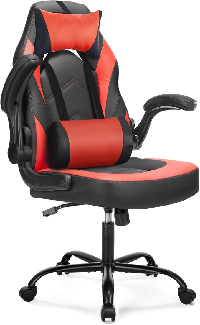 DUMOS Ergonomic Gaming Office Desk Chair with Flip-up Armrests for Adults, Height Adjustable PU Leather Video Game Computer Chair with 360° Rolling Wheels for Home and Office, Black Red