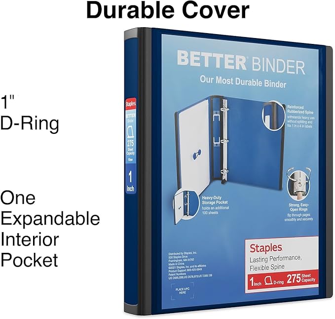 Staples Better 1-Inch D 3-Ring View Binder, Blue