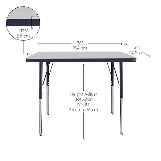 FDP Rectangle Activity School and Office Table (24 x 36 inch), Standard Legs with Swivel Glides, Adjustable Height 19-30 inches - Gray Top and Navy Edge