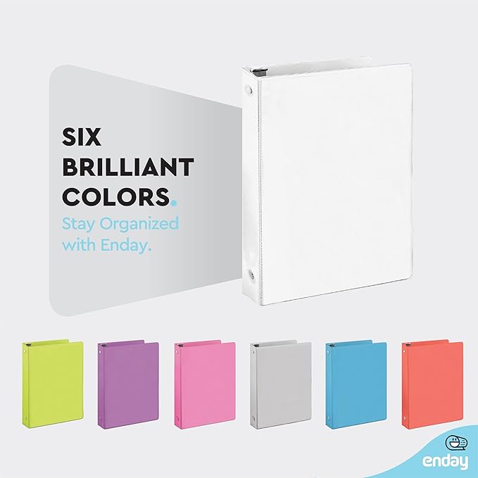 1 Inch 3 Ring Binder 1” Binder White Clear View Cover with 2 Inside Pockets, Colored School Supplies Office and Home Binders, 6 Pack – by Enday