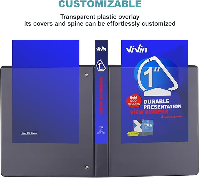 3 Ring Binder 1 Inch, ViVin Sturdy 1"-Slant D Ring Binder with 2 Interior Pockets, Clear View Cover, PVC-Free, Fits 225 Sheets of US Letter Size Paper (12 Pack, Black)