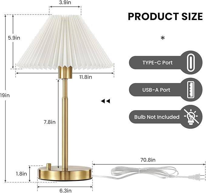 Bedside Table Lamp Set of 2: Dimmable Nightstand Bedside Lamps with USB A and C Ports, Modern Metal and Pleated Fabric Shade Gold Desk Lamp for Home Office Bedroom Living Room Reading