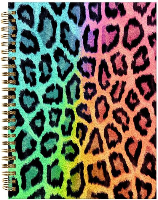 Spiral Journal Notebook,A5 Hardcover Lined Journals for Women Girl 6 x 8.3 in,120 Pages Thick Paper,Cute College Ruled Writing Notebook for Gifts Office Work School(Leopard Rainbow)