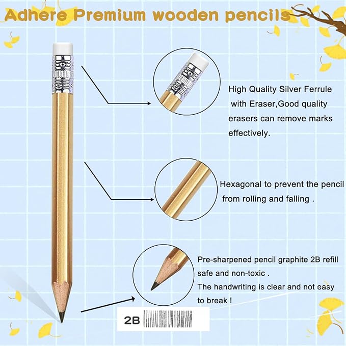 Adhere 50pcs Golf Pencils with eraser Hexagon Wooden Pencils Graphite 2B for Golf Event Scoring,Classroom,Wedding,Company Meetings,Pew, Pocket (z-Gold・Hexagon・50pcs)