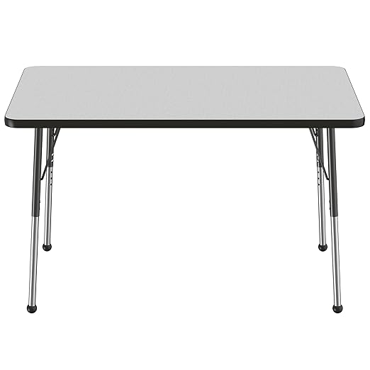 FDP Rectangle Activity School and Office Table (30 x 48 inch), Standard Legs with Ball Glides, Adjustable Height 19-30 inches - Gray Top and Black Edge
