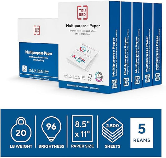 Staples TRU RED Color Printer Paper - 8.5" x 11", 1 Carton of 5 Reams for 2,500 Total Sheets, 20 lbs, 96 Bright Paper - Acid-Free and Engineered to Prevent Jamming