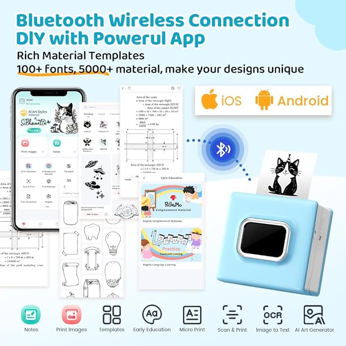 Sticker Printer - Portable Mini Sticker Maker Machine, M02D Print Pod with Tape, Bluetooth Thermal Pocket Printer for Kids School Study Item, Graphics Notes, List, Study, Gift, Photo