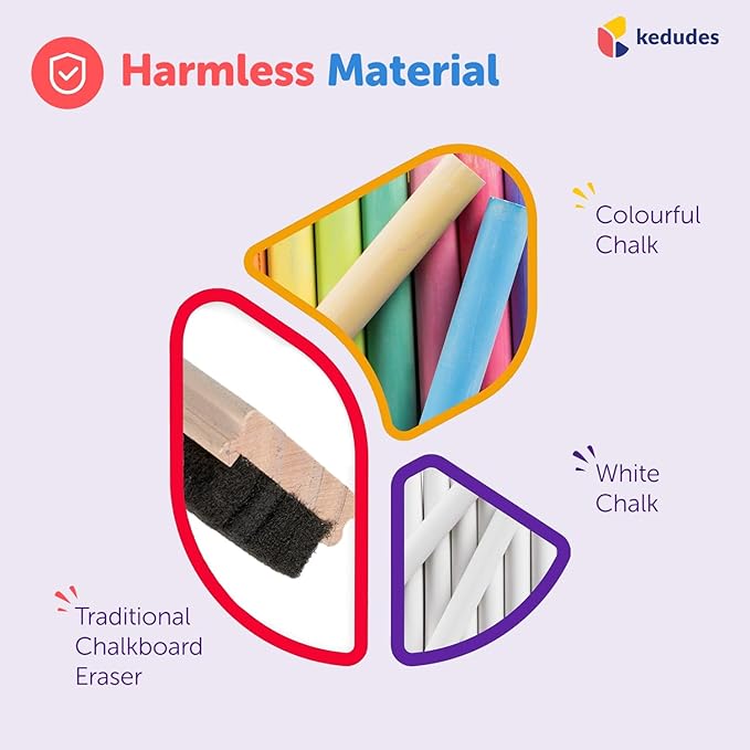 Kedudes Dustless Chalk with Eraser, 24pk - 12 Colored Chalkboard Chalks and 12 White Chalk for Chalkboard and Board Erasers Set - Blackboard Chalks and Eraser with Wooden Handle