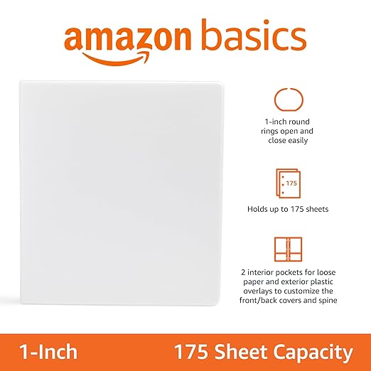 Amazon Basics 3-Ring Binder, 1-Inch - White, 4-Pack