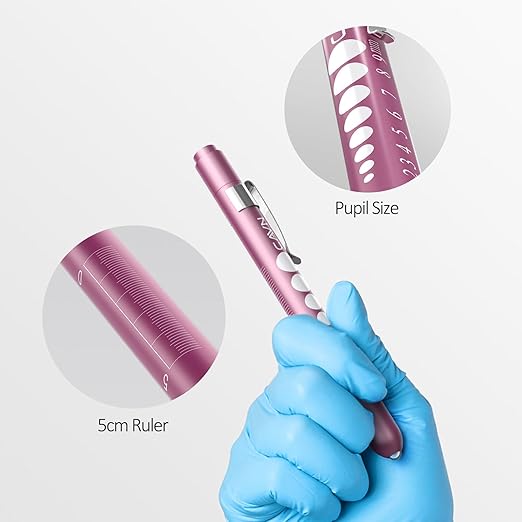 CAVN Pen Light with Pupil Gauge LED Penlight for Nurses Doctors, 2 Pcs Reusable Medical Penlight for Nursing Students (Rose Pink/Bluish Purple)