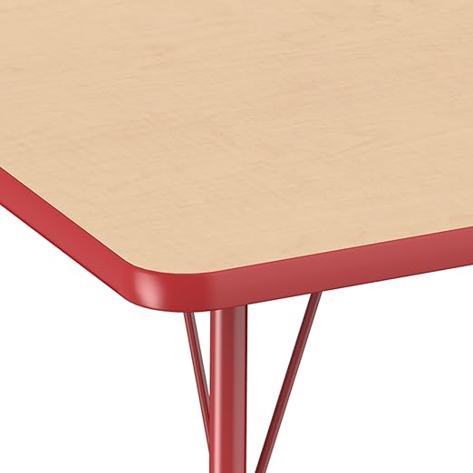 FDP Rectangle Activity School and Office Table (24 x 72 inch), Standard Legs with Swivel Glides, Adjustable Height 19-30 inches - Maple Top and Red Edge