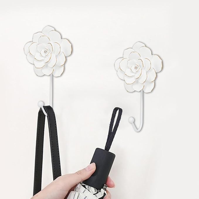 Guichifun Flower Coat Hooks Wall Decor - 2pcs Resin White Decorative Wall Hooks for Hanging Clothes Coats Towels Keys Bags Hats Bathroom Home Decoration Gift 4 x 1.5 x 7 Inch
