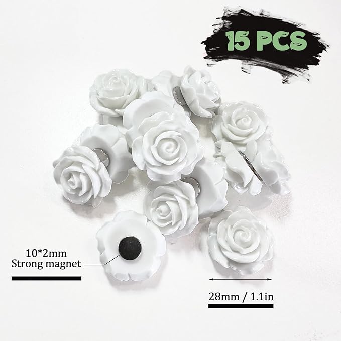 15 pcs - Cute Flower Magnet, White Rose Magnet for Fridge and Locker, Whiteboard and Decorative(15 pcs - Rose - White)