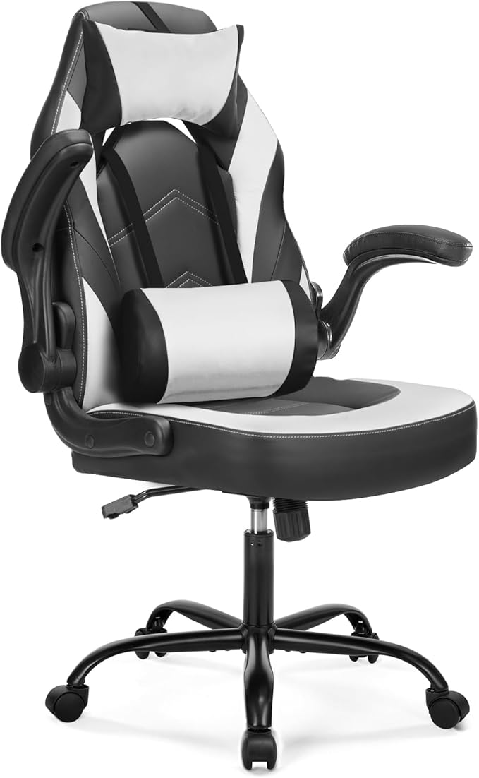 DUMOS Ergonomic Gaming Office Desk Chair with Flip-up Armrests for Adults, Height Adjustable PU Leather Video Game Computer Chair with 360° Rolling Wheels for Home and Office, Black White