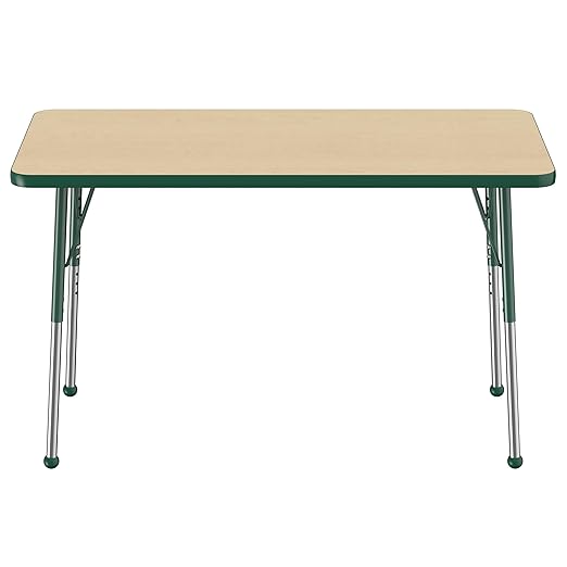 Factory Direct Partners FDP Rectangle Activity School and Office Table (24 x 48 inch), Standard Legs with Ball Glides, Adjustable Height 19-30 inches - Maple Top and Green Edge