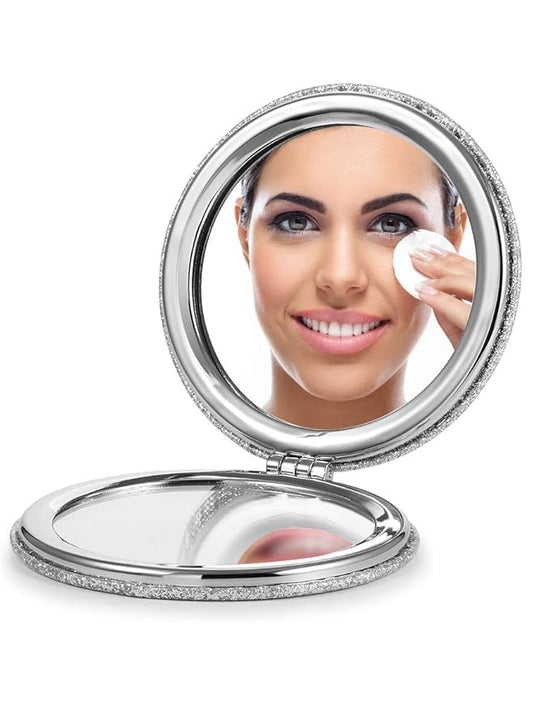OMIRO 1X/10X Magnifying Compact Mirror with PU Leather, Ultra-Portable for Purses and Travel, Round Silver