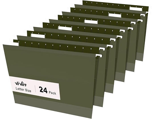 ViVin Hanging File Folders, 1/5-Cut Adjustable Tabs with 24 Per Box, 2 Inch Expansion, 24 Pack Letter Size Hanging File Folders, Designed for Office Home School Filing Cabinet(Green)