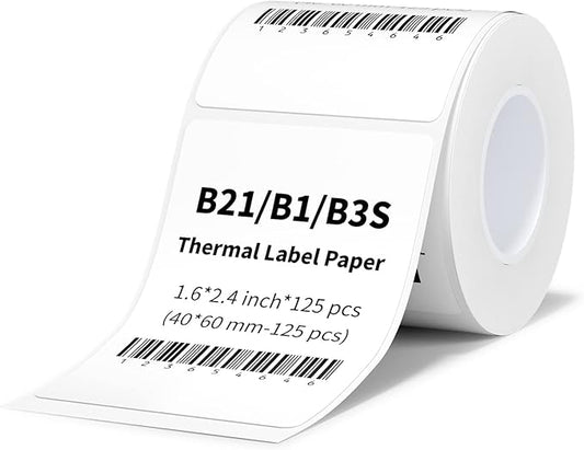 NIIMBOT Labels for B1/B21/B3S/K3,1.57'' x 2.36'' (40x60mm),125 Labels/Roll, Waterproof Thermal Label Print Paper for Barcode/Address/Mailing/Clothing/Business Tag,White