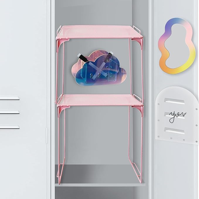 Iridescent Locker Organizer Kit Locker Accessories with Mesh Locker Shelf Back to School Essentials Locker Kit for Girls with Locker Mirror and Pen Holder & Dry Erase Board-Pink