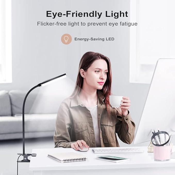 LED Desk Lamp with Clamp for Home Office, MONGERY Dimmable Clip on Desk Light with USB Port, 3 Color Modes 11 Brightness Flexible Gooseneck Reading Lamp for Studying Working, Black