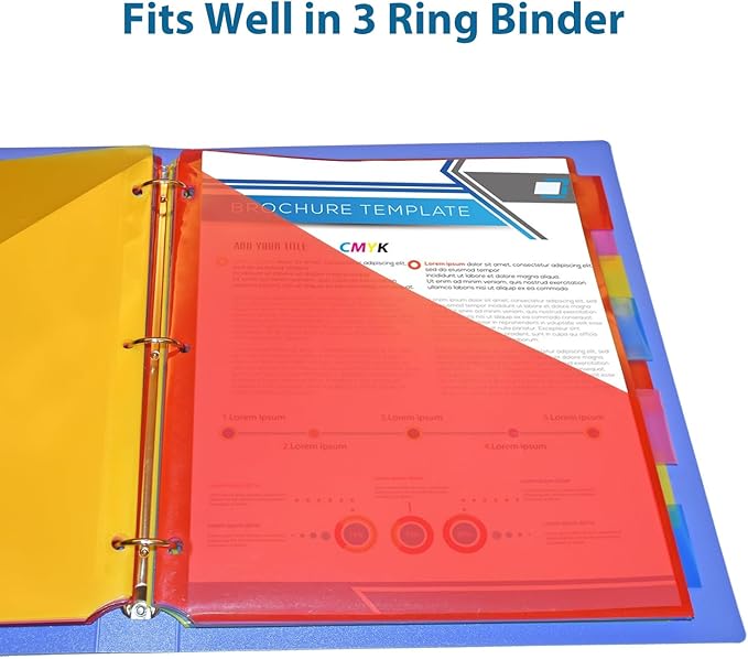 Plastic 8-Tab Dividers with Two Pockets - 3 Sets, Pocket Dividers for 3-Ring Binders, Multi-Color Binder Dividers, Total 24 Tabs