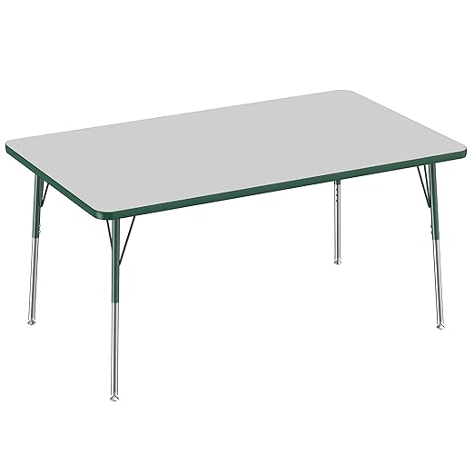 FDP Rectangle Activity School and Office Table (36 x 60 inch), Standard Legs with Swivel Glides, Adjustable Height 19-30 inches - Gray Top and Green Edge
