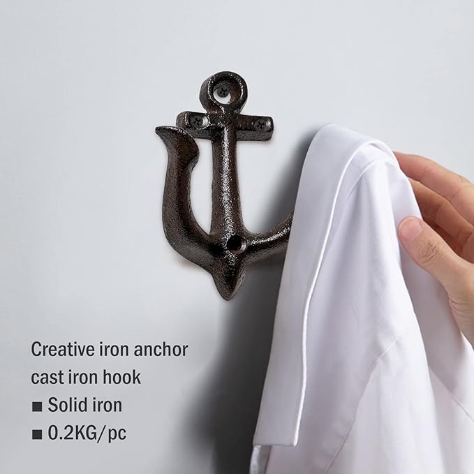 Notakia Decorative Wall Hooks Mounted Antique Shabby Chic Metal Cast Iron Nautical Anchor Design Hooks Hanger, Vintage Rustic Cast Iron Wall Hooks,Screws Included (Brown Anchor 4Pcs)