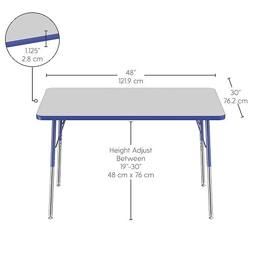 FDP Rectangle Activity School and Office Table (30 x 48 inch), Standard Legs with Swivel Glides, Adjustable Height 19-30 inches - Gray Top and Blue Edge