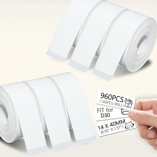 960 Pcs White D30 Label Maker Tape, D30 Label Tape, Thermal Printer Paper, Smart Mini Label Maker Refill for Office, Home, Shcool,14x40mm,160 Labels/Roll, 6 Rolls