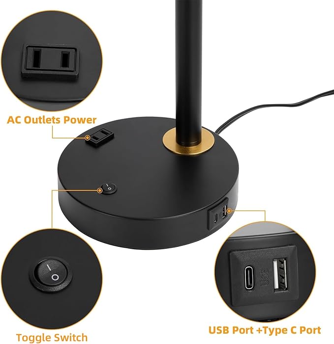 Desk Lamp - Heavy Duty Metal Task Light, USB-C & AC Outlet, Easy Assembly with Cord Guide, Adjustable Head for Office Home Study, Matte Black & Brushed Brass (Bulb Not Included)