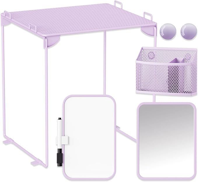 Locker Accessories with Locker Shelf, Magnetic Mirror, Magnetic Pen Holder, Magnetic Small Whiteboard, Back to School Essentials Locker Decorations, 7 Piece Locker Organizer for Work, Purple