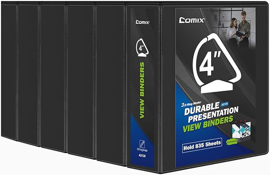 Comix Durable 3 Ring Binder, 4 inch D Ring Binders, Hold 835 Sheets of US Letter Size Paper, 6 Pack (Black)