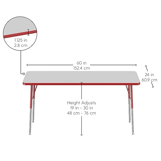 Factory Direct Partners FDP Rectangle Activity School and Office Table (24 x 60 inch), Standard Legs with Swivel Glides, Adjustable Height 19-30 inches - Gray Top and Red Edge