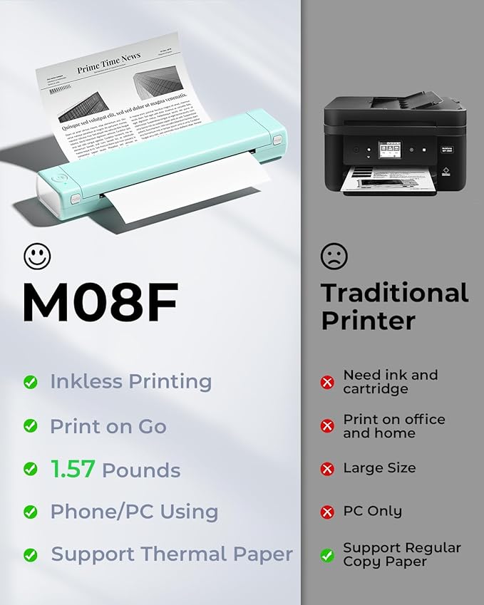 Phomemo Inkless Portable Printer for Travel - [Upgrade] Wireless Thermal Printer Compatible with Phone & Laptop, Bluetooth Printers Supports 8.5" X 11" Letter Thermal Paper, Come with Carry Case